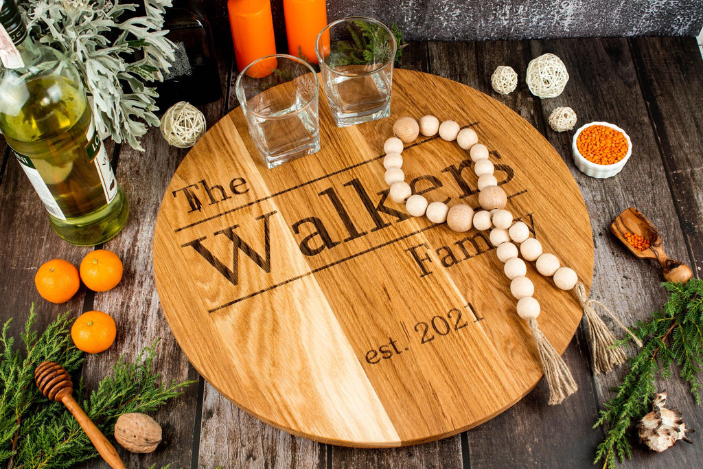 Family round name sign. Custom Engraved Wood Lazy Susan: Personalized Serving Tray. Primitive kitchen decor. Rustik tray