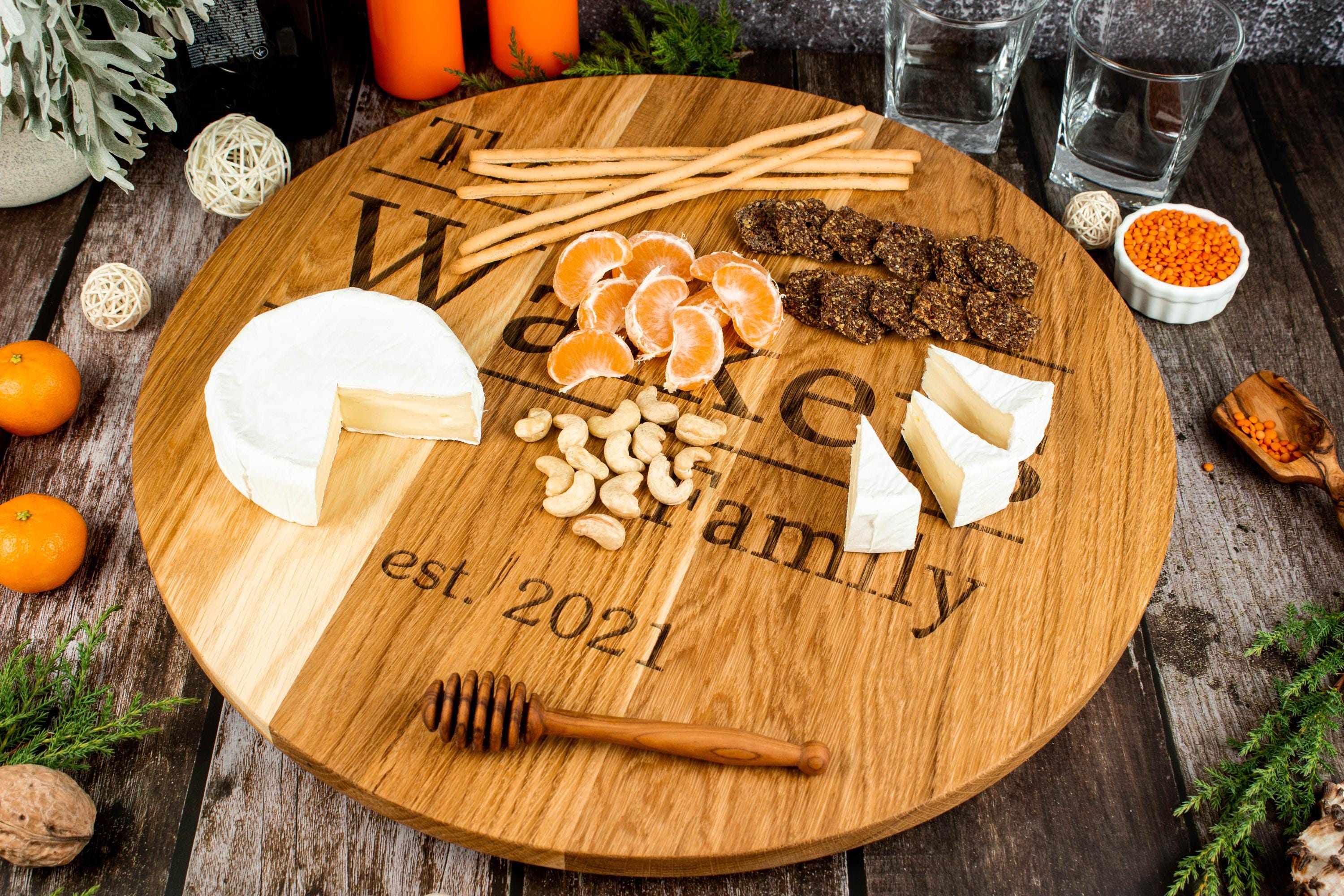 Family round name sign. Custom Engraved Wood Lazy Susan: Personalized Serving Tray. Primitive kitchen decor. Rustik tray
